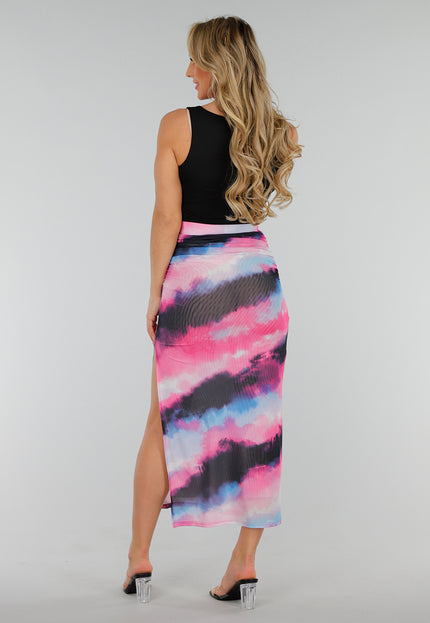 NEW300425 Mesh Zwart Roze High Waist Stretch Rok met Tailleband