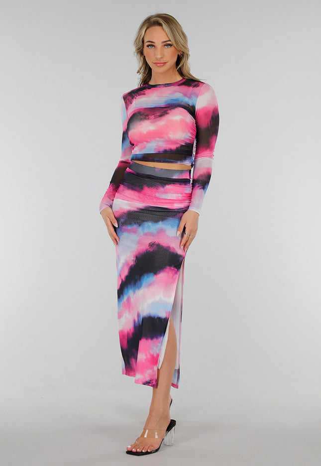 NEW300425 Mesh Zwart Roze High Waist Stretch Rok met Tailleband