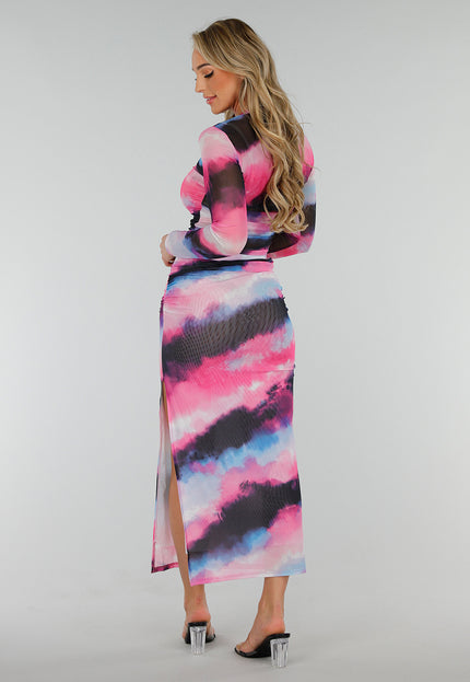 NEW300425 Mesh Zwart Roze High Waist Stretch Rok met Tailleband