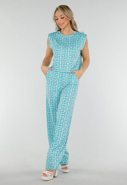 NEW300425 Mouwloze Azuurblauwe Stretch Loose Fit Top met Barokprint