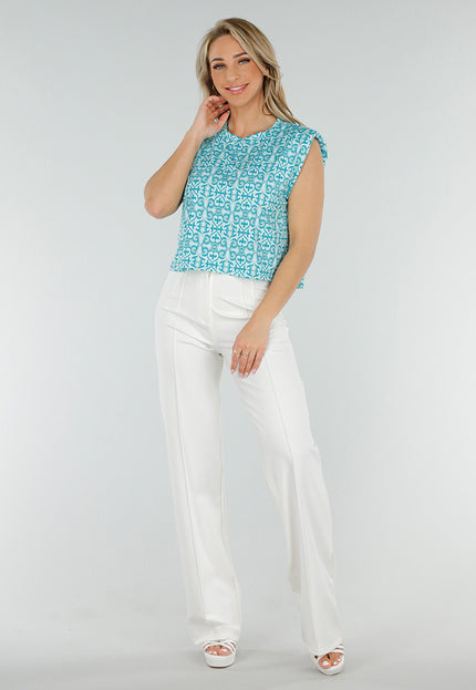 NEW300425 Mouwloze Azuurblauwe Stretch Loose Fit Top met Barokprint