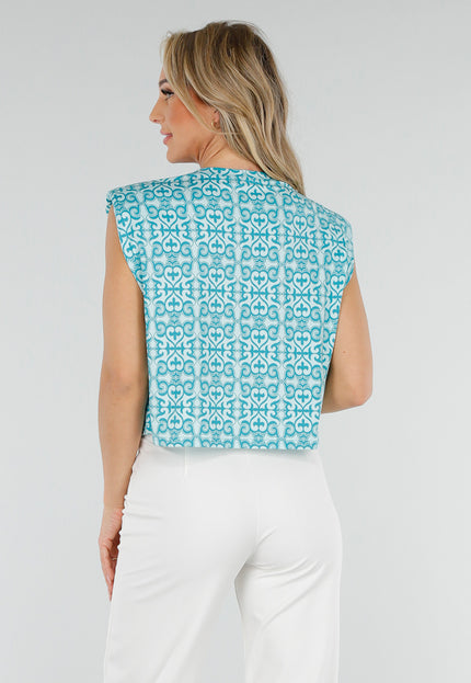 NEW300425 Mouwloze Azuurblauwe Stretch Loose Fit Top met Barokprint