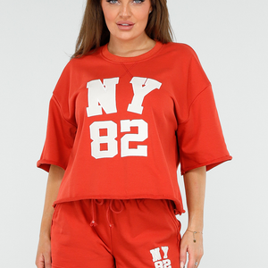 OP=OP.AV.09 Rood Katoenen NY Setje met Short