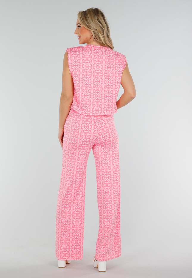 NEW300425 Roze Barokprint Stretch Top met Schoudervulling