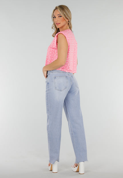 NEW300425 Roze Barokprint Stretch Top met Schoudervulling