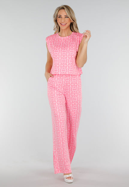 NEW300425 Roze Barokprint Stretch Top met Schoudervulling