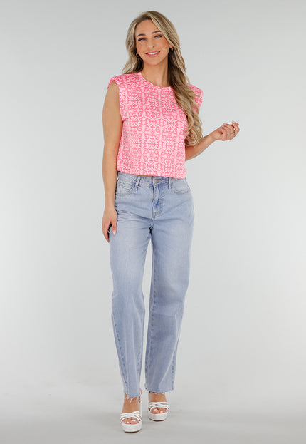 NEW300425 Roze Barokprint Stretch Top met Schoudervulling