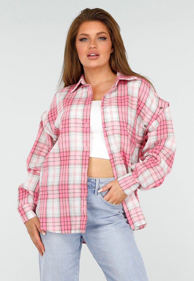 NEW300425 Roze en Wit Geruite Houthakkers Blouse met Afneembare Mouwen