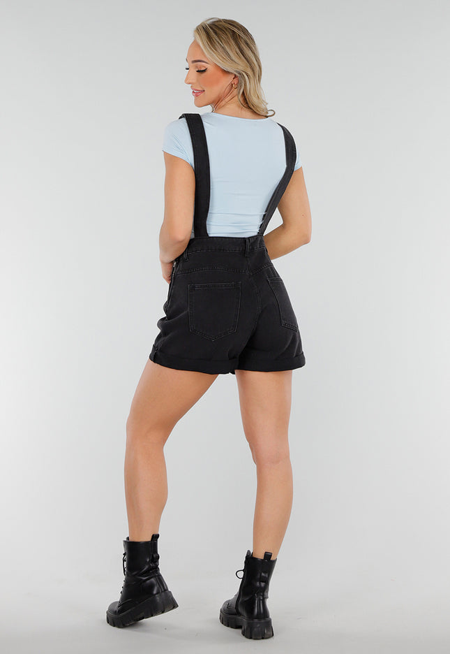NEW300425 Zwarte Denim Tuinbroek Playsuit