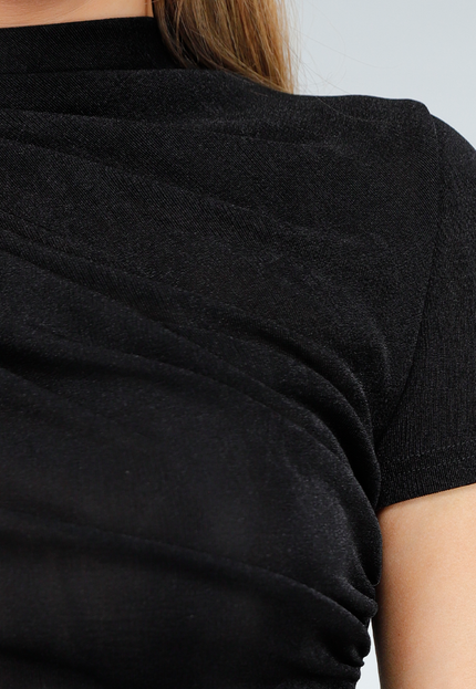 NEW300425 Zwarte Gedrapeerde Stretch Top met Glans