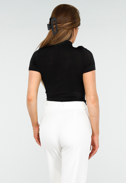 NEW300425 Zwarte Gedrapeerde Stretch Top met Glans
