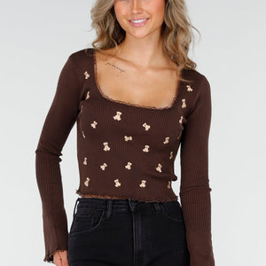 NEW300725 Rib Top met Teddybeertjes Bruin