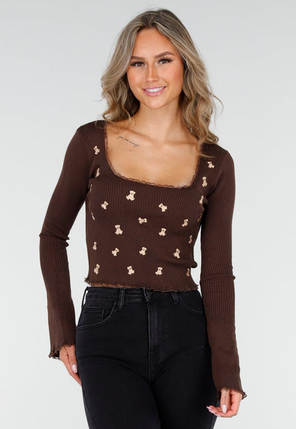 NEW300725 Rib Top met Teddybeertjes Bruin