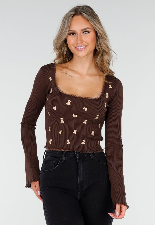 NEW300725 Rib Top met Teddybeertjes Bruin