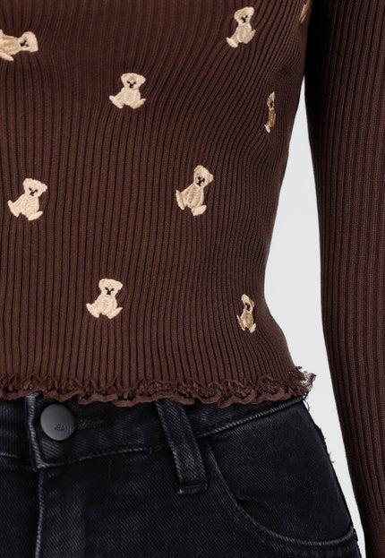 NEW300725 Rib Top met Teddybeertjes Bruin