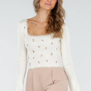 OP=OP.AV.09 Rib Top met Teddybeertjes Crème