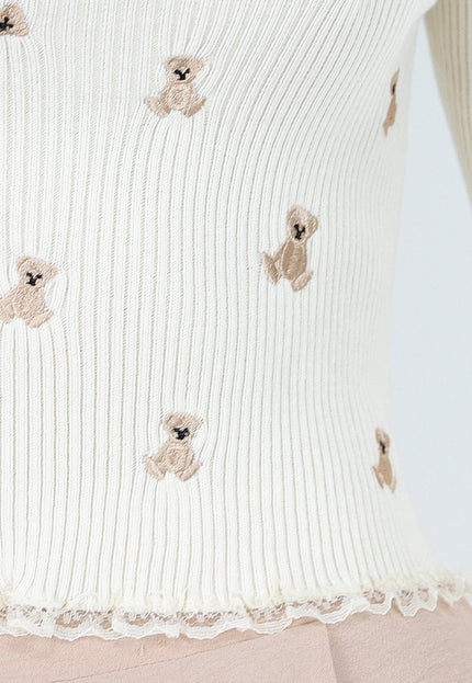 OP=OP.AV.09 Rib Top met Teddybeertjes Crème