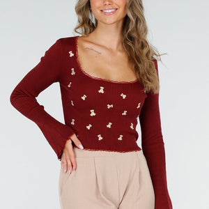 NEW300725 Rib Top met Teddybeertjes Rood