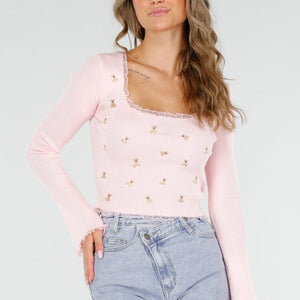 OP=OP.AV.09 Rib Top met Teddybeertjes Roze