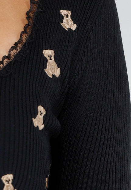NEW300725 Rib Top met Teddybeertjes Zwart