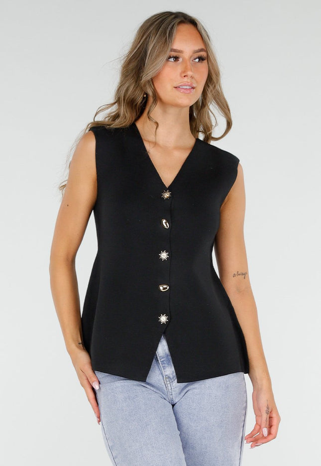 NEW300725 Top met Gouden Knopen Zwart