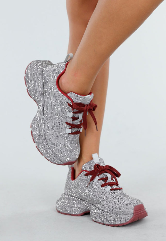 OP=OP.49.NL Zilveren Strass Sneakers met Rood