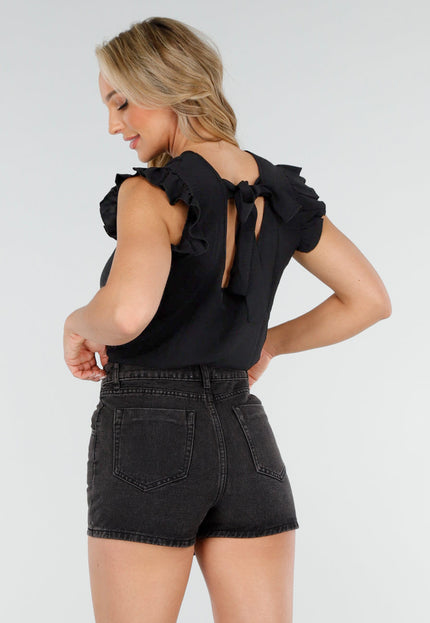 NEW300725 Zwarte Top met Volants en Strik