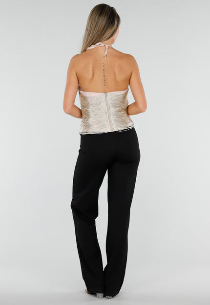 NEW300926 Beige Fringe Haltertop met Ondertop
