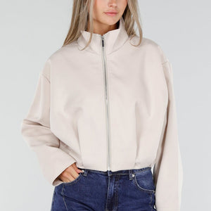 NEW300926 Beige Kort Jasje met Hoge Kraag en Rits