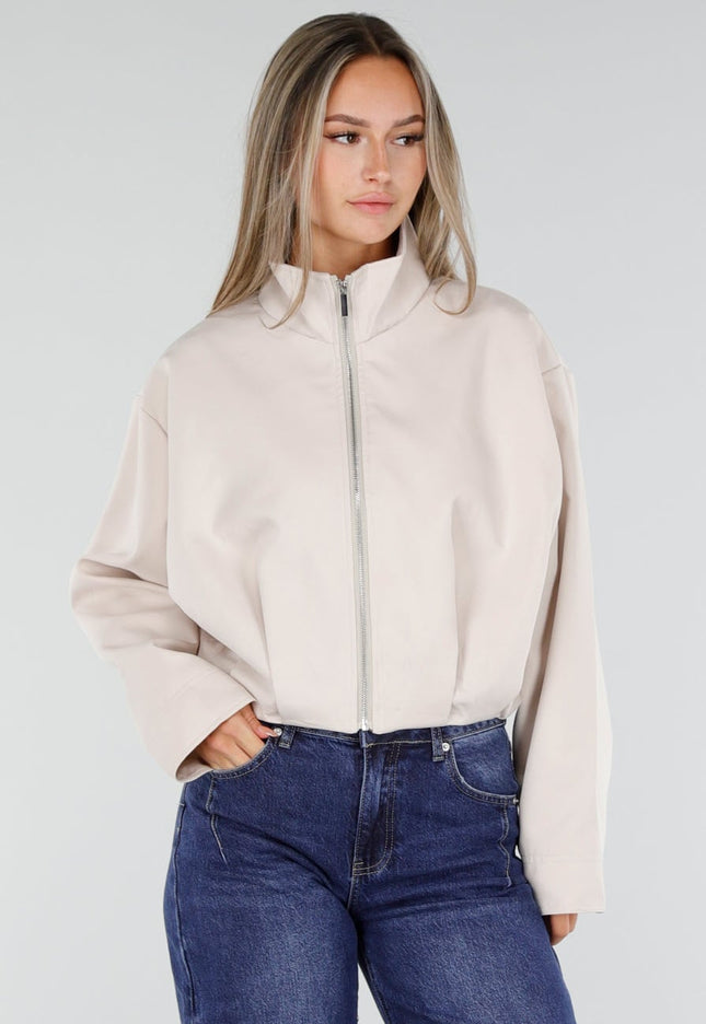 NEW300926 Beige Kort Jasje met Hoge Kraag en Rits
