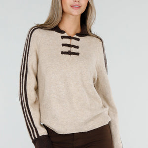 NEW300926 Beige Trui met Bruine Strepen en Kraag