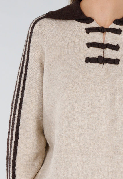 NEW300926 Beige Trui met Bruine Strepen en Kraag