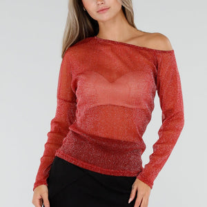 NEW300926 Bordeaux Glitter Off Shoulder Mesh Top