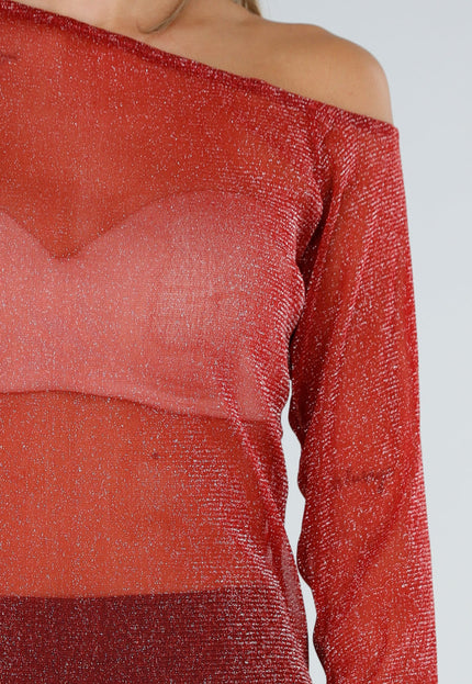 NEW300926 Bordeaux Glitter Off Shoulder Mesh Top