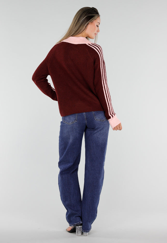 NEW300926 Bordeaux Trui met Roze Strepen en Kraag