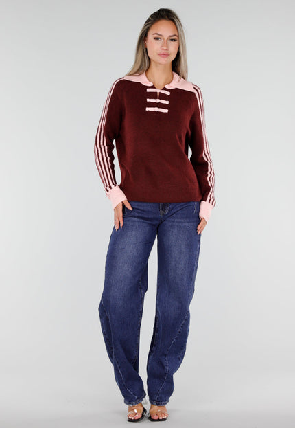 NEW300926 Bordeaux Trui met Roze Strepen en Kraag