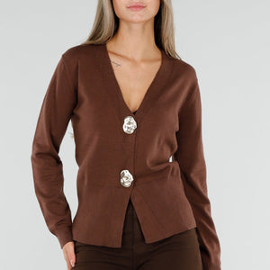 NEW300926 Bruin Gebreid Vest met Gouden Knopen