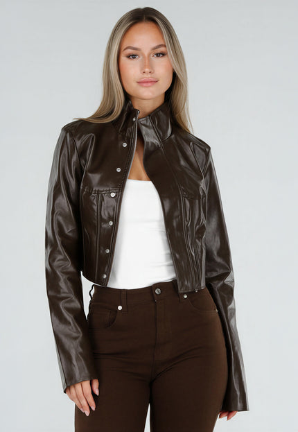 NEW300926 Bruin Kort Lederlook Jasje met Hoge Kraag