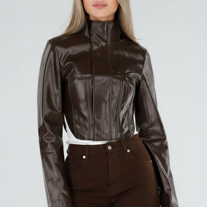 NEW300926 Bruin Kort Lederlook Jasje met Hoge Kraag