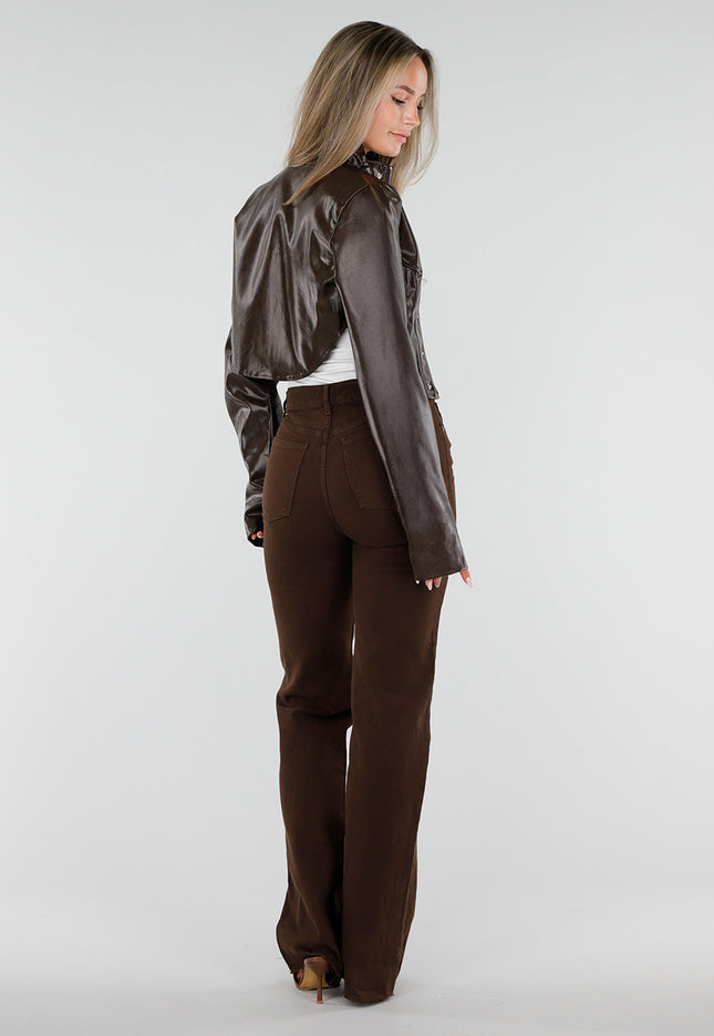 NEW300926 Bruin Kort Lederlook Jasje met Hoge Kraag
