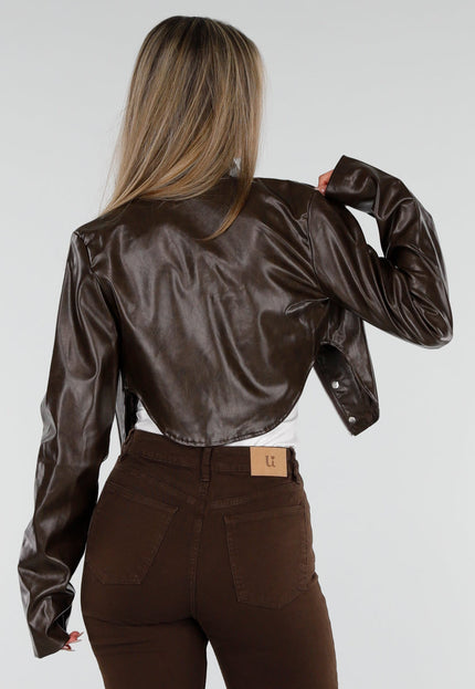 NEW300926 Bruin Kort Lederlook Jasje met Hoge Kraag