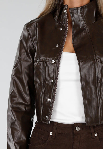 NEW300926 Bruin Kort Lederlook Jasje met Hoge Kraag