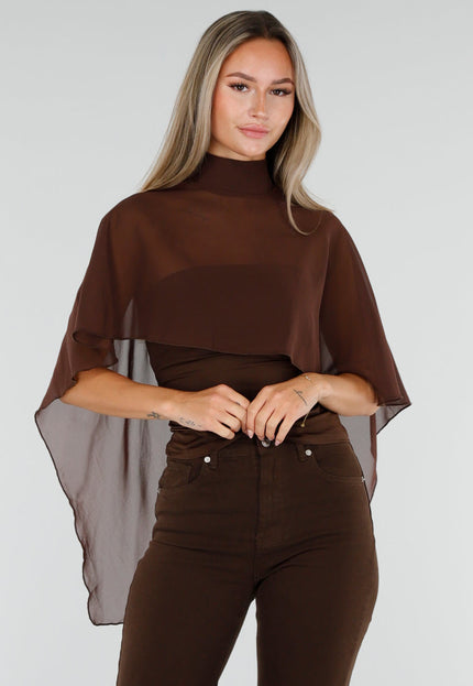 NEW300926 Bruine Mesh Cape Top met Col