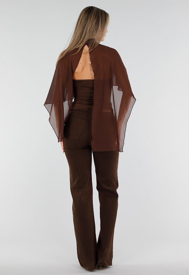 NEW300926 Bruine Mesh Cape Top met Col