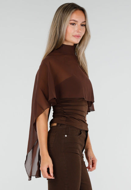 NEW300926 Bruine Mesh Cape Top met Col