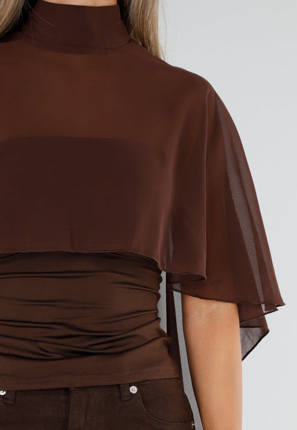 NEW300926 Bruine Mesh Cape Top met Col