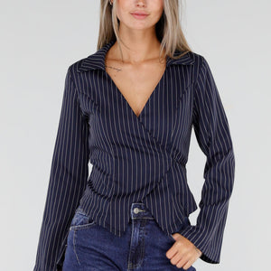 NEW300926 Donkerblauwe Gestreepte Wikkeltop