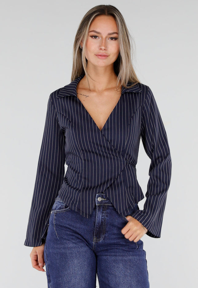 NEW300926 Donkerblauwe Gestreepte Wikkeltop