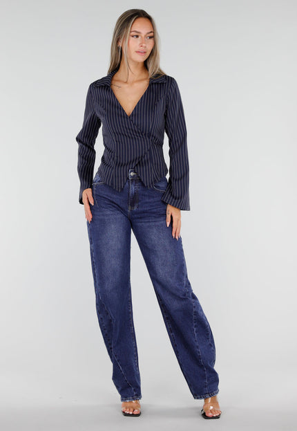NEW300926 Donkerblauwe Gestreepte Wikkeltop