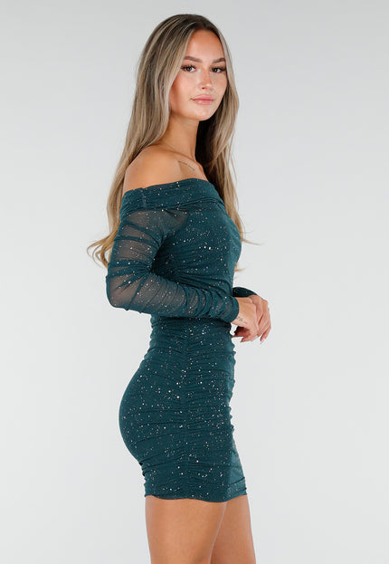 NEW300926 Groene Glitter Mesh Off Shoulder Mini Jurk